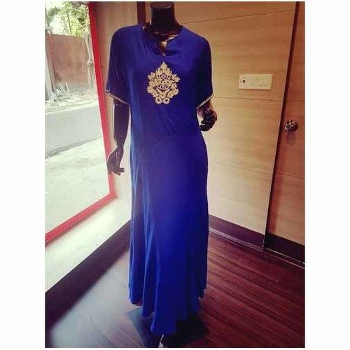 Breathable Ladies Full Length Half Sleeves Embroidery Rayon Blue Long Dress