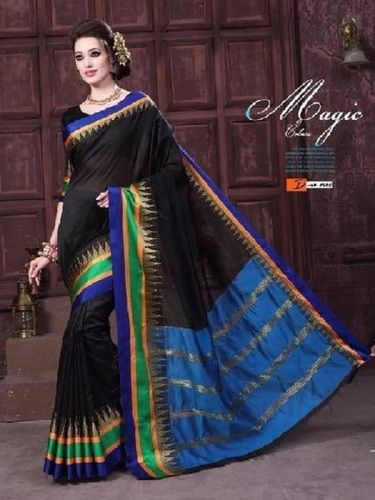 Black And Blue Cotton Silk Plain Saree With Fancy Blouse