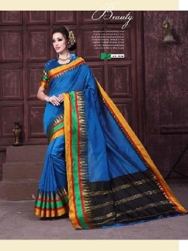 Blue Cotton Silk Plain Saree With Blouse