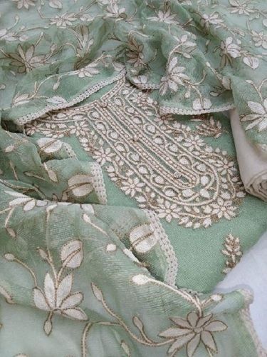 Green Kota Cotton Unstitched Suit Material With Embroidered Work