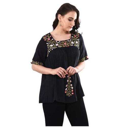 Ladies Black Square Neck Half Sleeves Embroidered Top Size: All