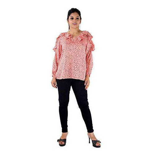 Ladies Printed Pink Cold Shoulder Top Size: All