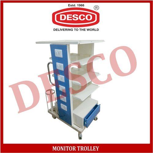 Desco Brand Made Highly Durable Mild Steel White And Blue Monitor Trolley