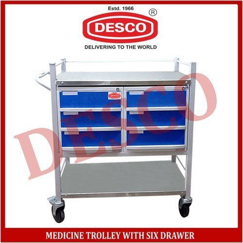 Durable Grey And Blue Color With 6 Drawer 4 Wheel Portable Hospital Medicine Trolley 