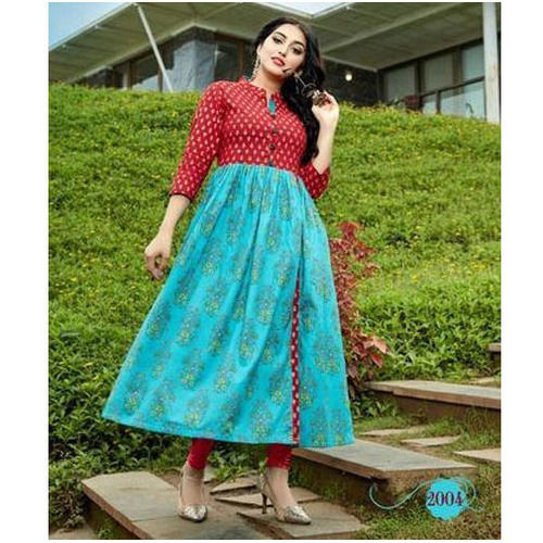 Ladies Printed Red And Blue Anarkali Cotton Kurti