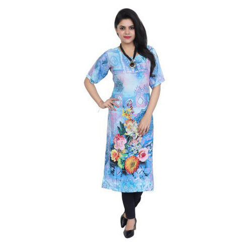 Blue Ladies Rayon Digital Print Half Sleeves Kurti