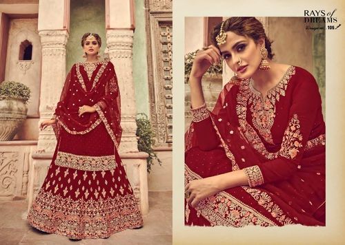 Indian Red Real Georgette Designer Dulhaniya Lehenga With Heavy Exclusive Embroidery And Fancy Diamond Tikli Work