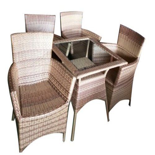 Durable Square Shaped Brown Table With Glass Top 4 Seater Hotel Home Chair Table Set