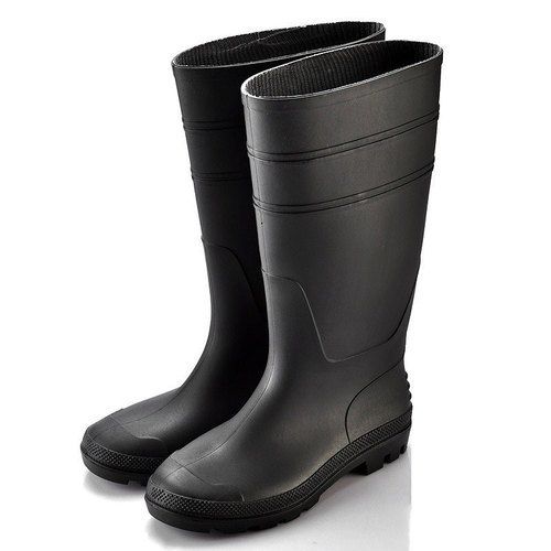 Black Full Length Mens Leather Safety Gumboots For Constructional Pupose