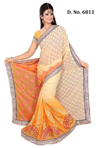 Orange And Cream Color Designer Georgette Saree With Blouse