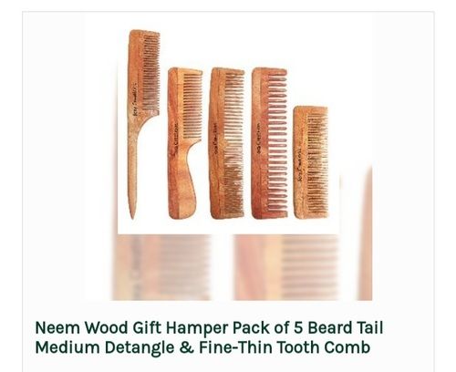 Brown Neem Wood Gift Hamper Pack Of 5 Beard Tail Medium Detangle & Fine-Thin Tooth Comb