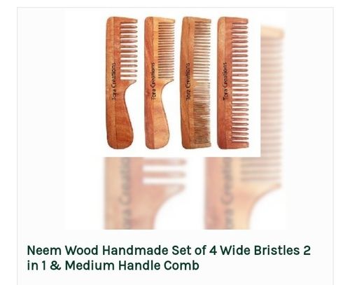 Neem Wood Handmade Set of 4 Wide Bristles 2 in 1 & Medium Handle Comb