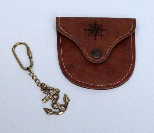 Golden Vintage Solid Brass Anchor Key Chain With Leather Case