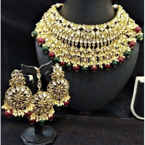 Designer Red Green Pearl Kundan Necklace Set