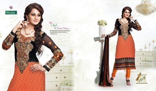 Orange And Black Color Full Sleeves Churidar Salwar Suits With Breath Taking Look