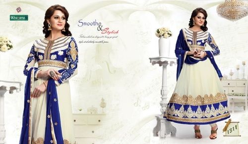 White And Blue Color Full Sleeves Embroidered Fancy Long Salwar Suits