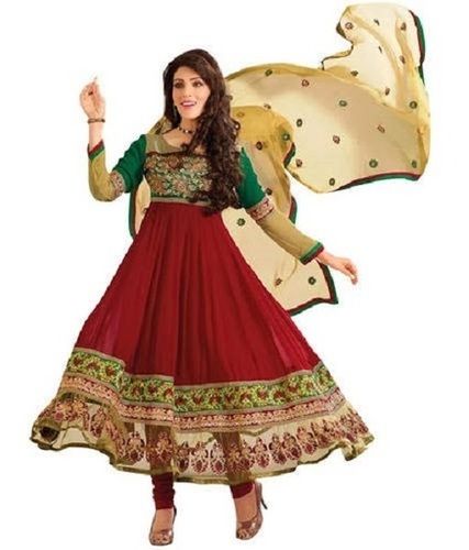 Indian Maroon Color Full Sleeves Georgette Embroidered Anarkali Churidar Suit With Eye Catchy Look