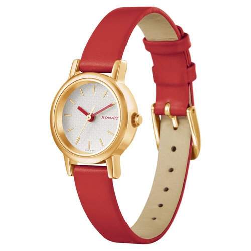 Golden+Whtie Sonata Silver White Analog Ladies Wrist Watch With Leather Strap