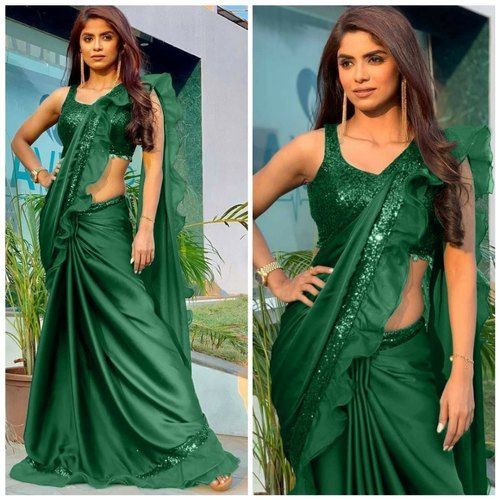 Party Wear Green Color Sequence Work Heavy Rangoli Silk Ruffel Saree With Blouse Piece