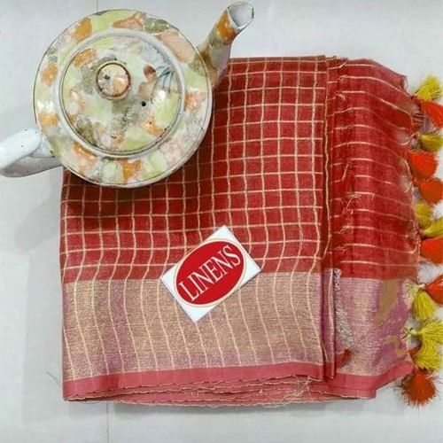 Ladies Red Check Linen Saree