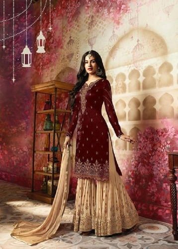 Summer Maroon Color Semi-Stitched Full Sleeves Glossary Georgette Palazzo Suit With Embroidered And Diamond Stone Work 