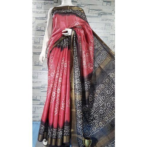 Multi-Color Pink Black Printed Cotton Saree