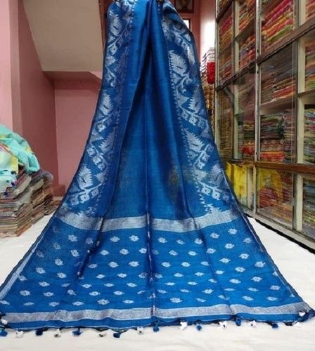 Blue Printed Linen Sarees For Ladies