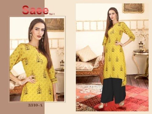 Indian Yellow Color Stitched 3/4Th Sleeves Rayon Cotton Designer Printed Palazzo Suit