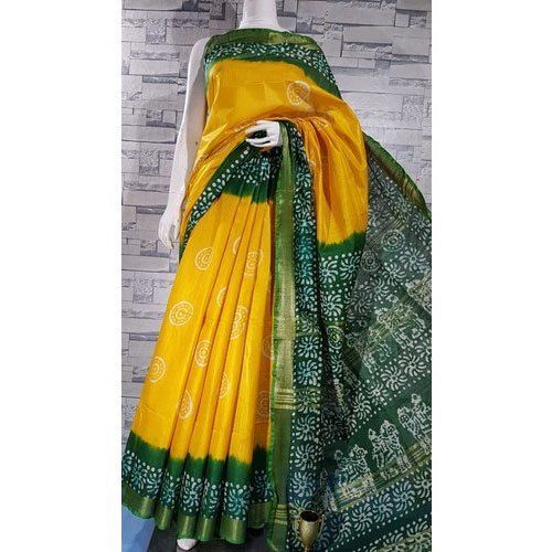 Casual Yellow Green Printed Cotton Saree