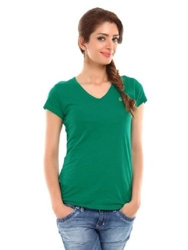 Green Color Casual Wear Half Sleeves V Neck Ladies Plain T-Shirts