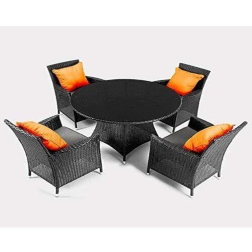 Black Round Shaped Table With Polyester Cushion Chair 4 Seater Hotel Cum Outdoor Use Dining Table