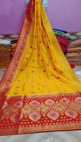 Winter Yellow And Red Color Bangalore Silk Printed Designer Saree