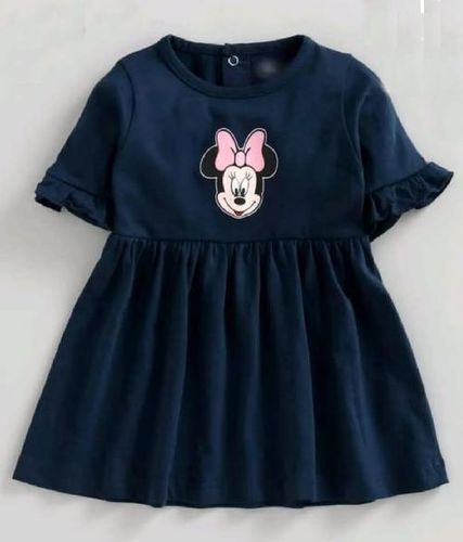 Indian Navy Blue Half Sleeves Round Neck Cotton Blend Girls One Piece Dress