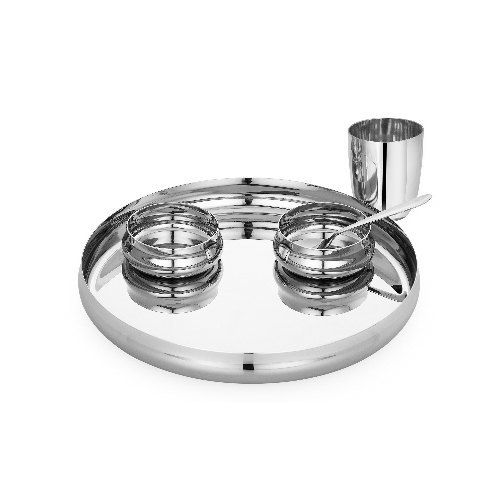 Polished 5 Piece Silver Color Stainless Steel Thali Set With Matt Finish