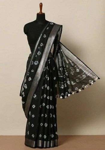 Summer Black Color Party Wear Printed Shibori Linen Saree With Blouse Piece