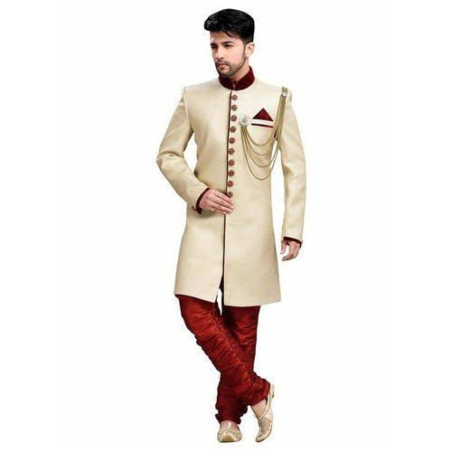 Creamy And Maroon Color Full Sleeves Mens Wedding Sherwani