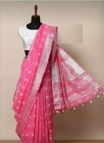 Summer Pink Color Party Wear Printed Shibori Linen Saree With Blouse Piece