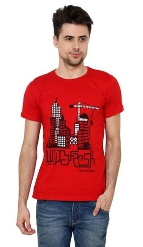 Red Color Casual Wear Half Sleeves Round Neck Mens Cotton Printed T-Shirts