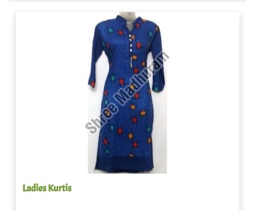 No Fade Straight Style Printed Pattern Blue Color Ladies Kurti