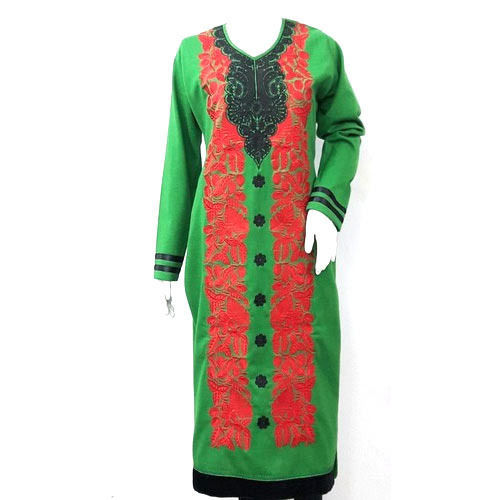 Green Women Full Sleeve V Neck Embroidered Cotton Kurti