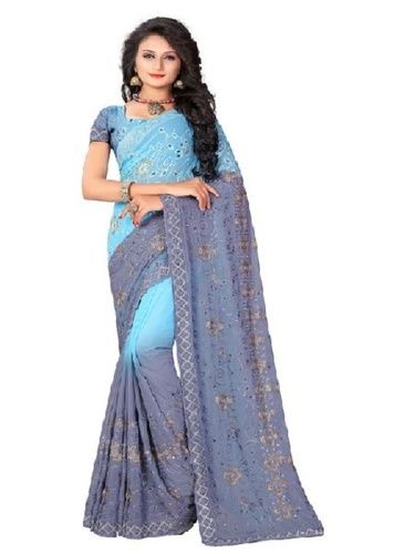 Party Wear Embroidery Nylon Nazneen Grey And Sky Blue Sarees