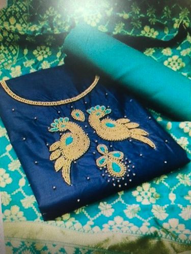 Designer And Party Wear Green And Blue Color Unstitched Fancy Ladies Suit