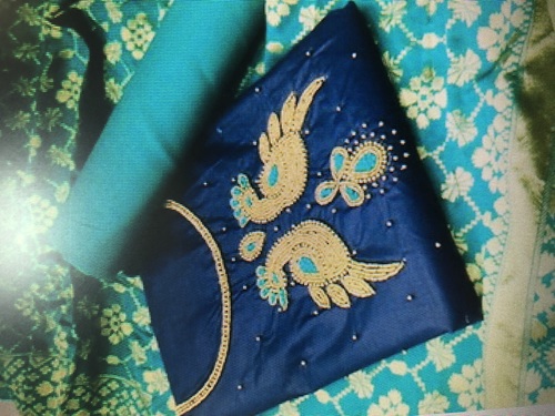 डिज़ाइनर और पार्टी वियर हरे और नीले रंग का अनस्टिच्ड फैंसी लेडीज़ सूट