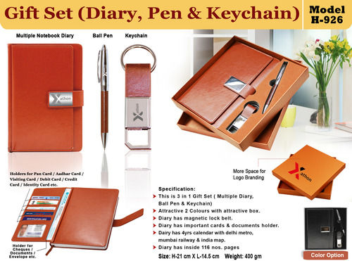 Brown Metal Pen With Diary And Key Chain Gift Set