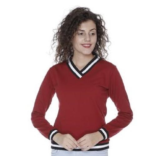 Indian Red Color Casual Wear Full Sleeves Skin Friendly V-Neck Ladies Plain Cotton Sweatshirt