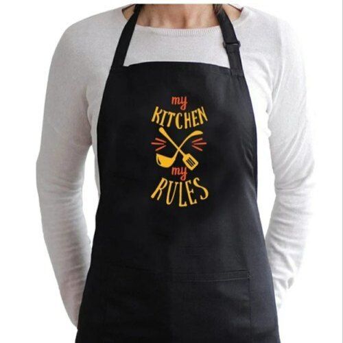 Cotton Plain With Printed Design 1 Pocket Free Size Black Hotel Restaurant Kitchen Use Unisex Apron