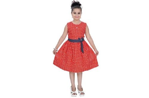 Red Color Party Wear Skin Friendly Knee Length Sleeveless Round-Neck Girls Designer Dotted Frocks Age Group: Kids