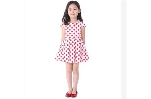 Short Sleeves Round-Neck White Color Party Wear Skin Friendly Knee Length Girls Designer Red Dotted Frocks