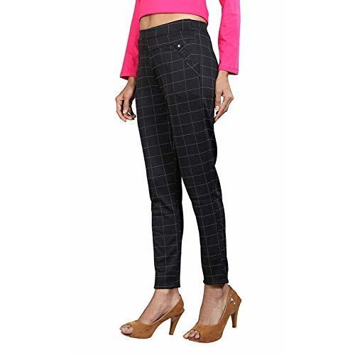 Indian 36 Inch Length Black Color Machine Wash Checked Jeggings With Elastic Closure