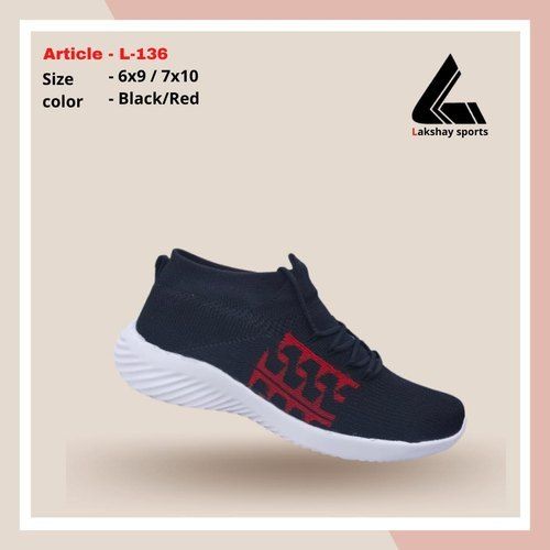 Various Colors Options Are Available Lace Closure Knitted Fabric Men Black And Red Sports Shoes With Eva Sole